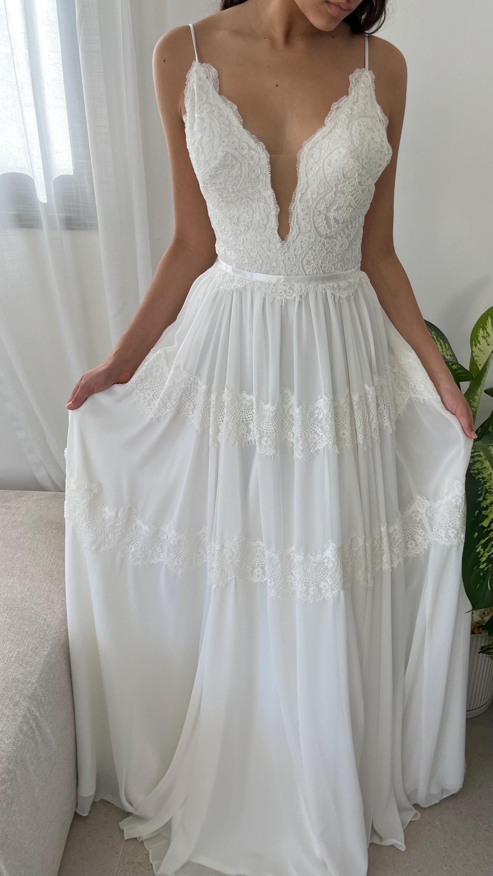 June Gown — lace & chiffon boho wedding dress, made to measure by Lace & Love (view 2)