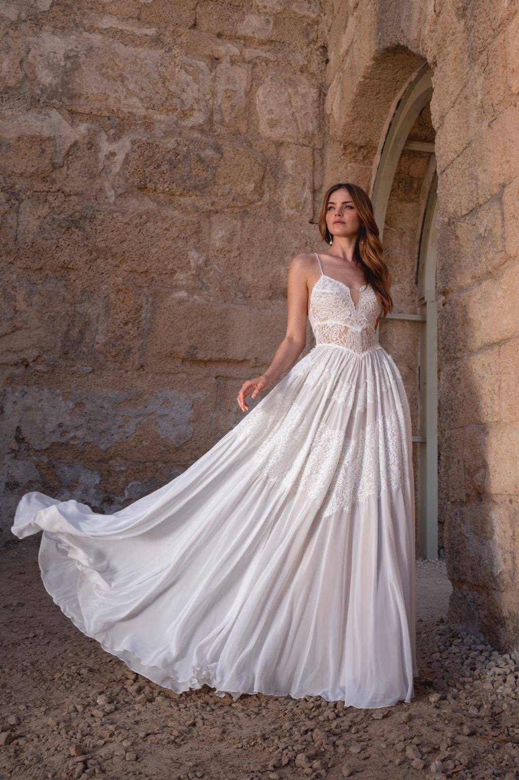 Colette Gown — lace & chiffon boho wedding dress, made to measure by Lace & Love (view 2)