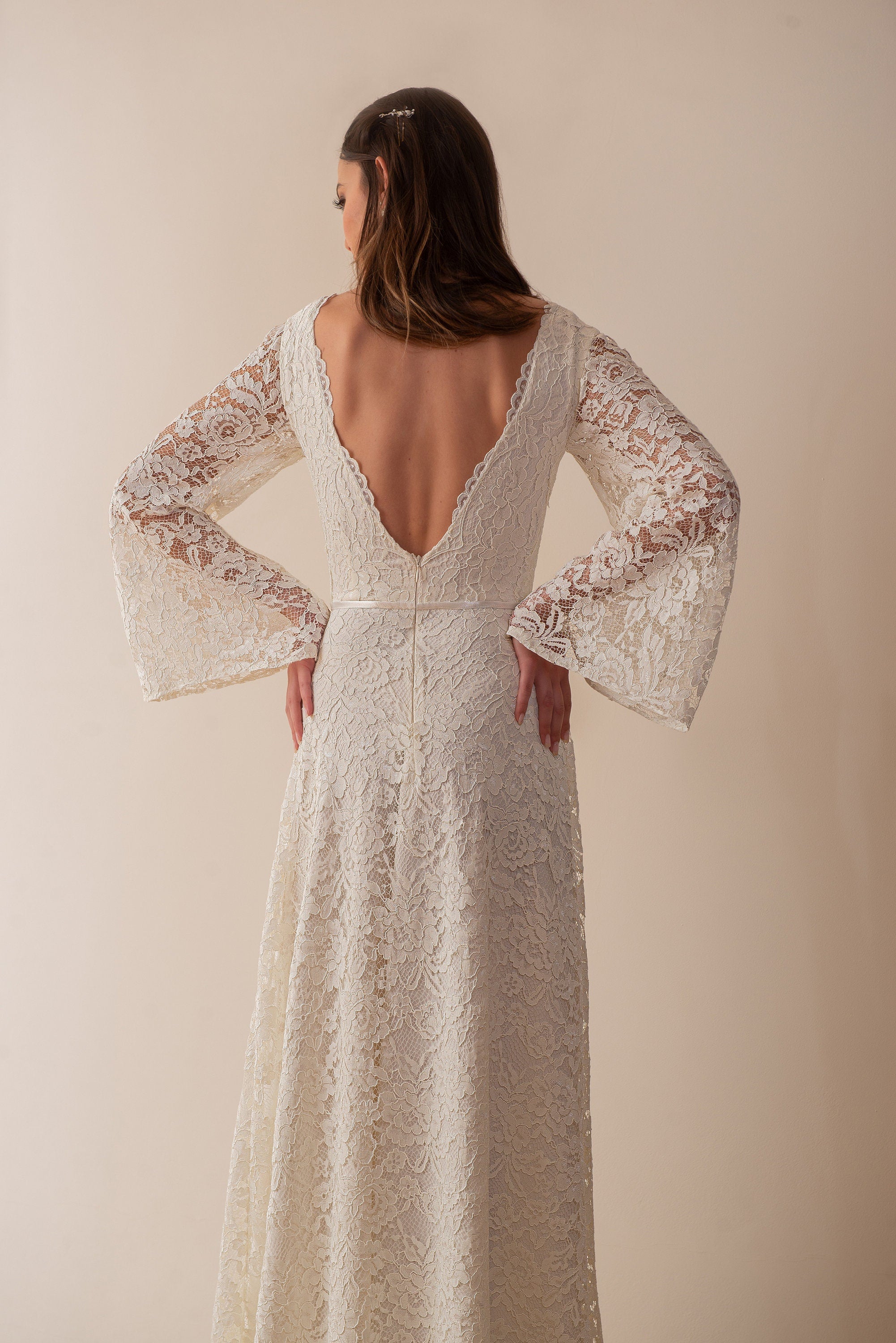 Pearl Gown — flutter sleeve vintage lace boho wedding dress, made to measure by Lace & Love (view 1)