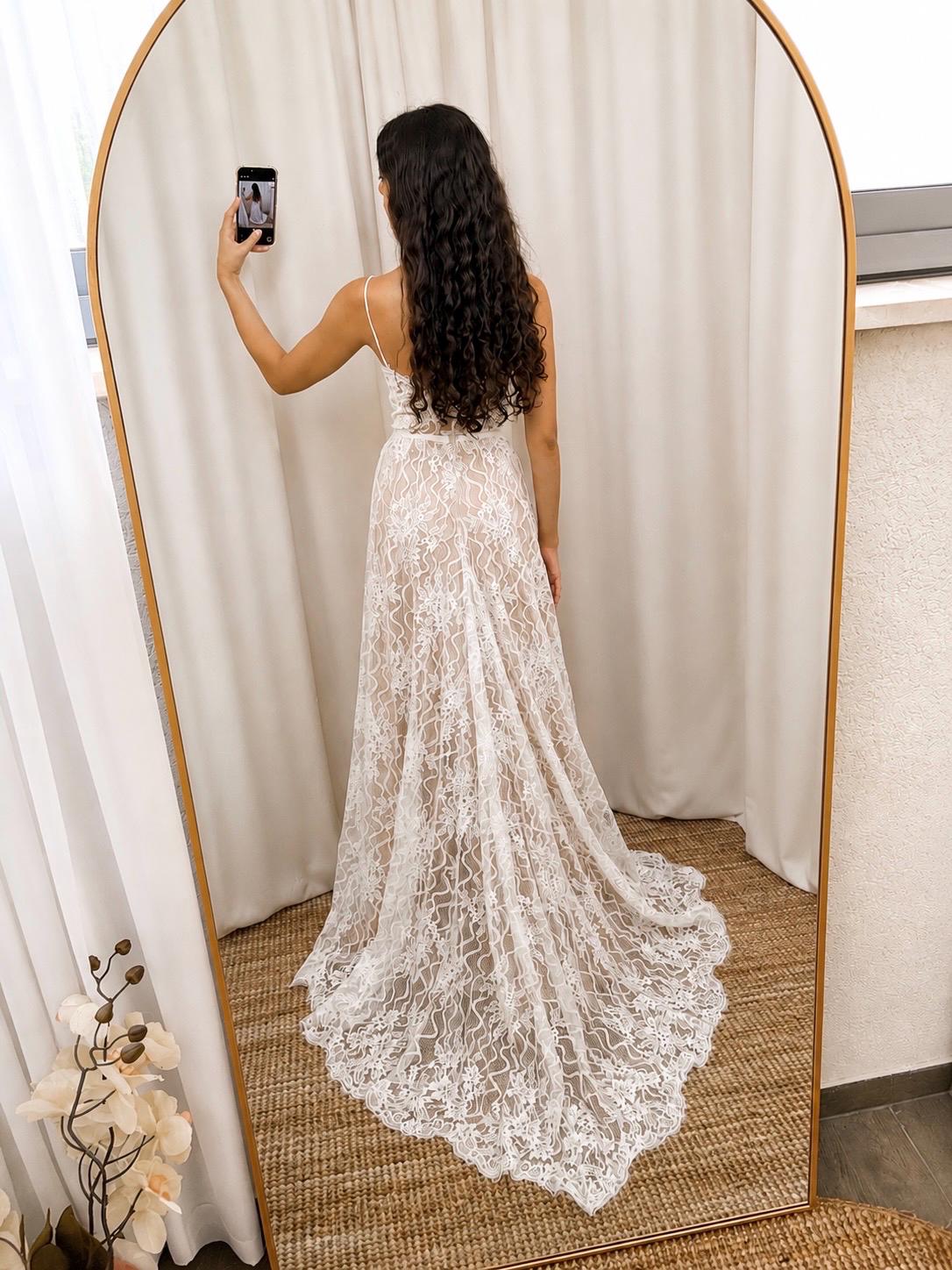 Clara Gown — chiffon & lace beach wedding dress, made to measure by Lace & Love (view 3)
