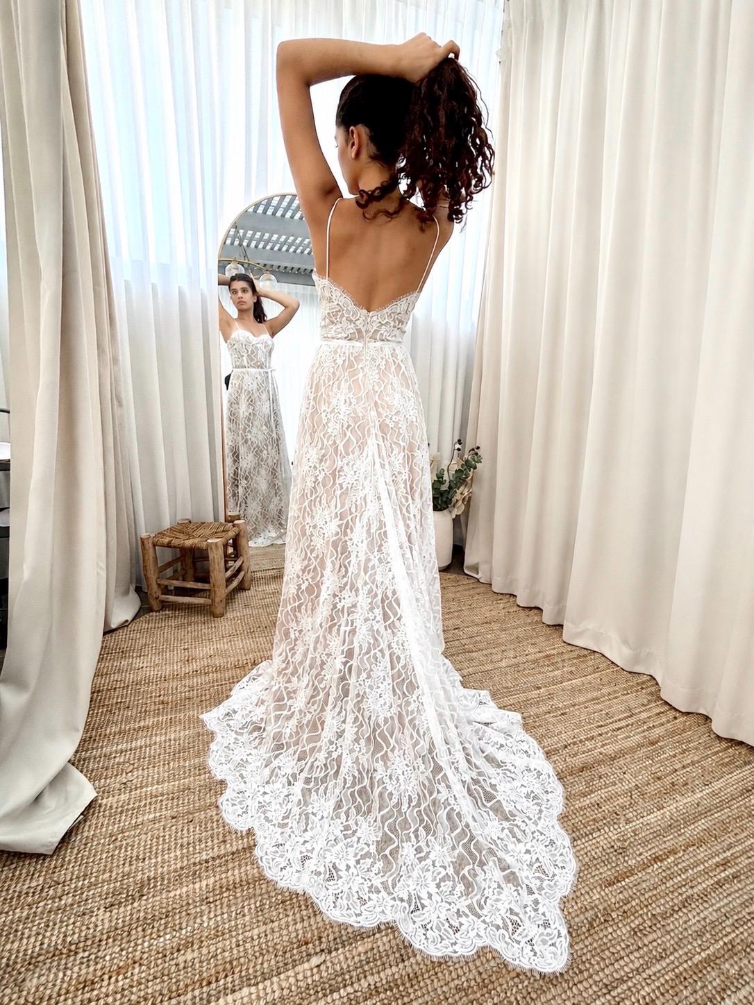 Clara Gown — chiffon & lace beach wedding dress, made to measure by Lace & Love (view 6)