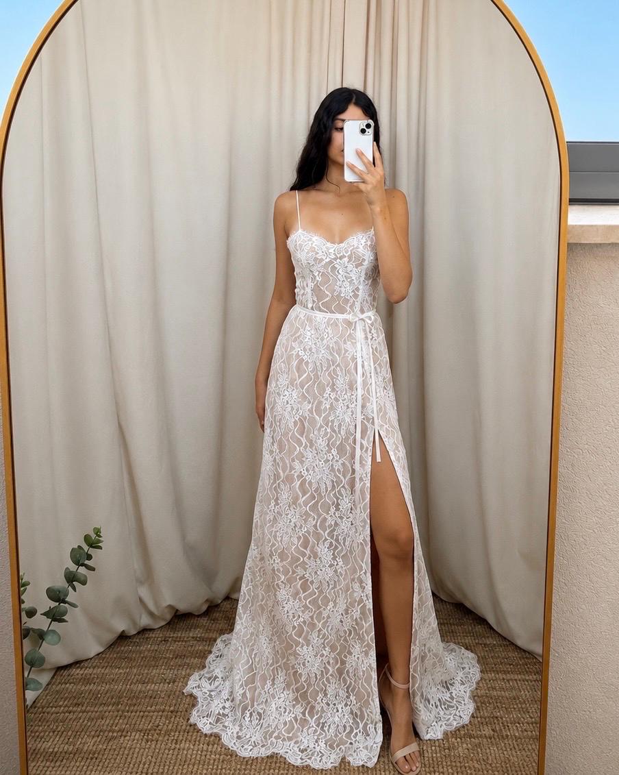 Clara Gown — chiffon & lace beach wedding dress, made to measure by Lace & Love (view 1)