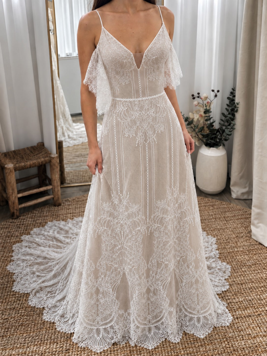 Ivy Gown, vintage lace boho wedding dress with V-neck, off-shoulder flutter sleeves and long scalloped lace train