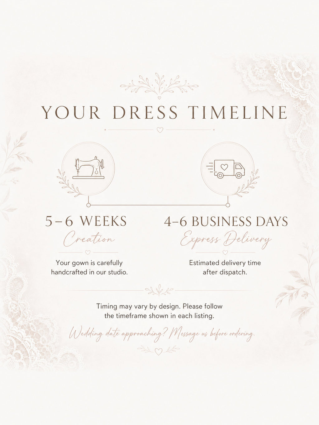 Your dress timeline: 5-6 weeks of handmade creation and 4-6 business days of express delivery