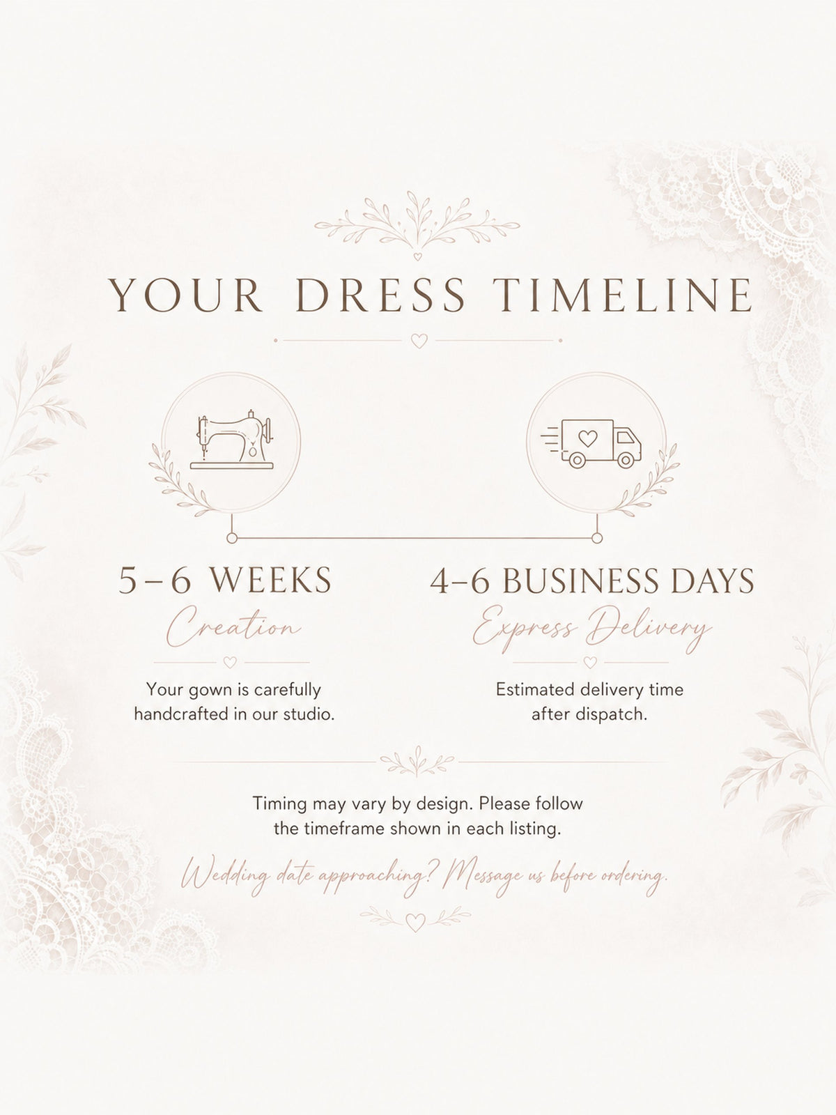 Your dress timeline: 5-6 weeks of handmade creation and 4-6 business days of express delivery