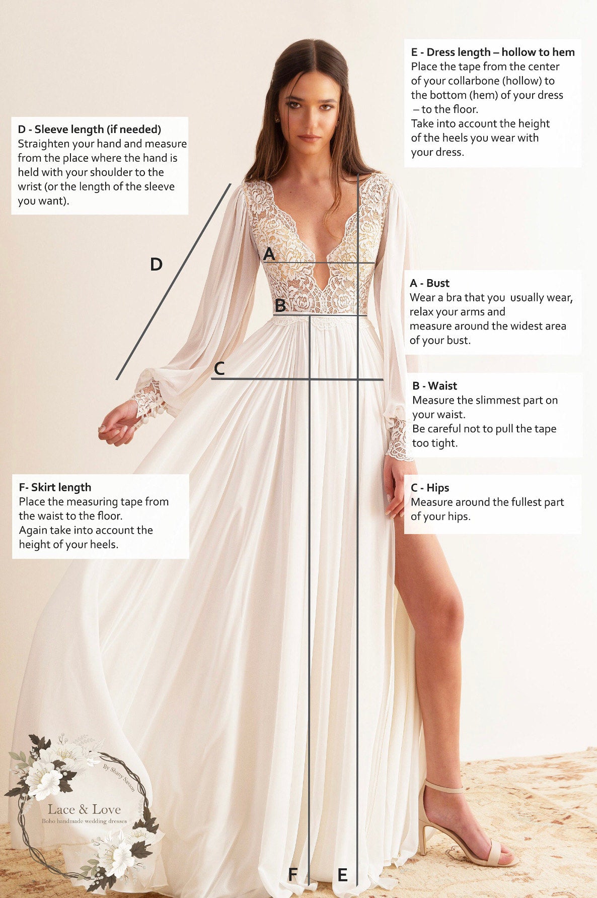 How to measure for a made-to-measure wedding dress: bust, waist, hips, sleeve length, dress length hollow to hem and skirt length