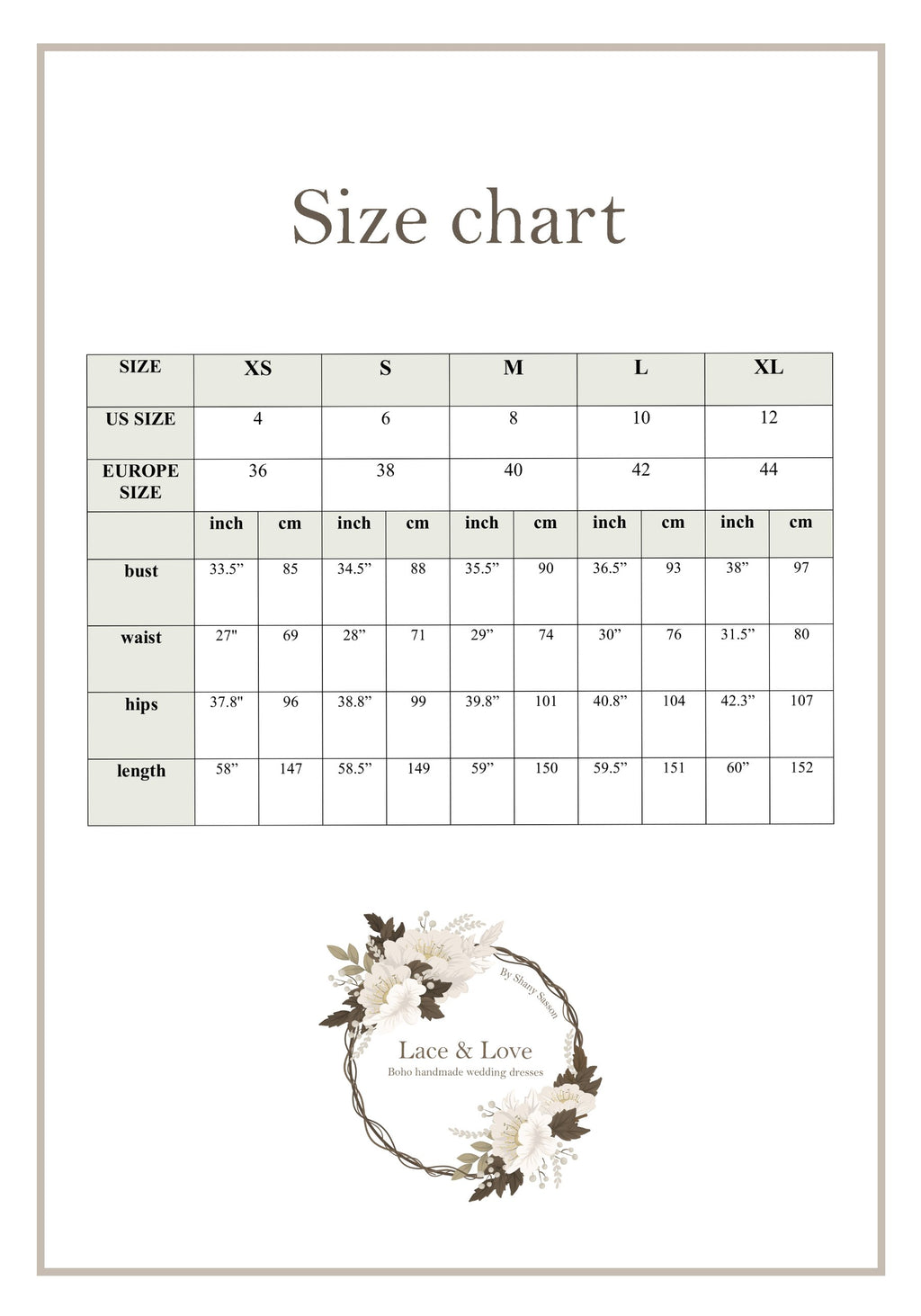 Lace & Love wedding dress size chart, sizes XS to XL with US and Europe sizes, bust, waist, hips and length in inches and cm