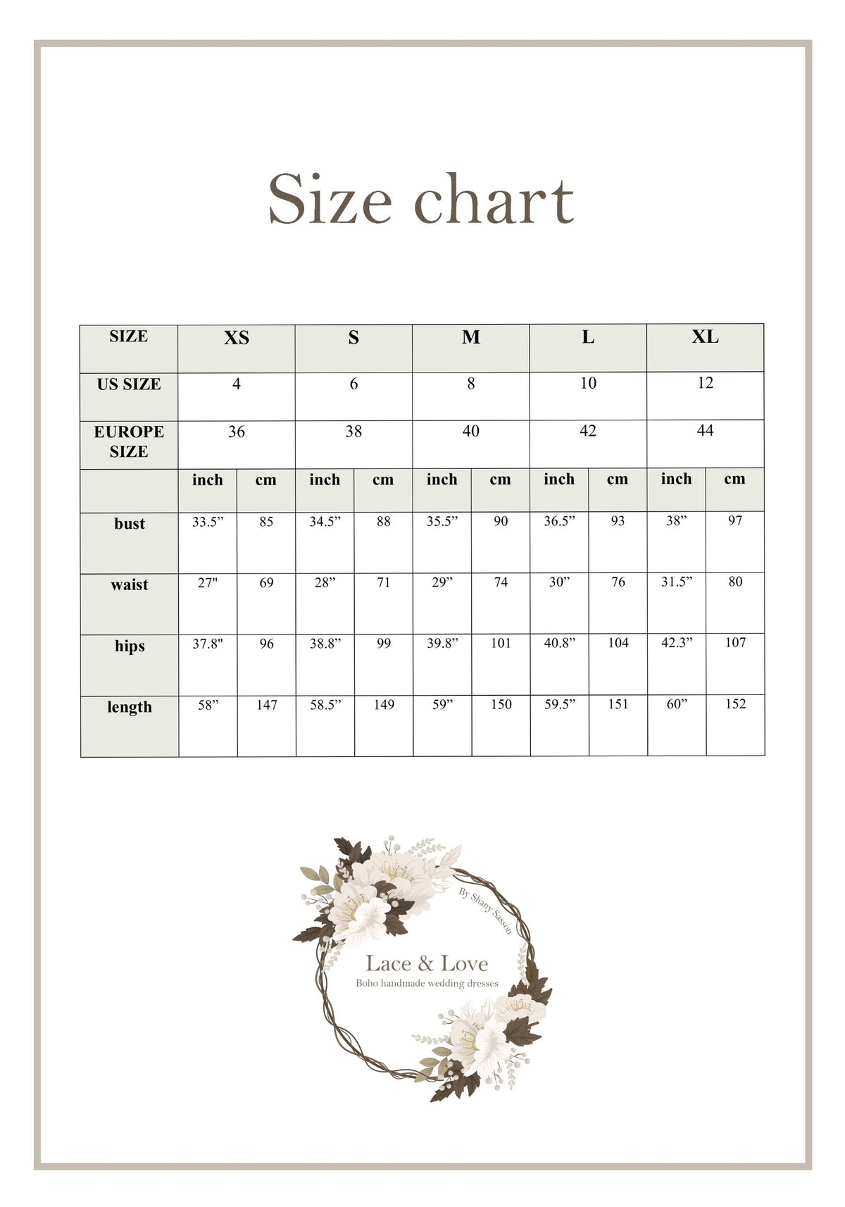 Lace & Love wedding dress size chart, sizes XS to XL with US and Europe sizes, bust, waist, hips and length in inches and cm