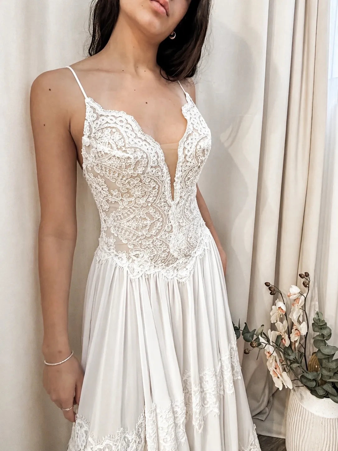 basque waist lace wedding dress Arielle Boho S Color:Black Spring Flattering Empire Waist Dresses sheer but is also Baby Girls Dresses - EBF