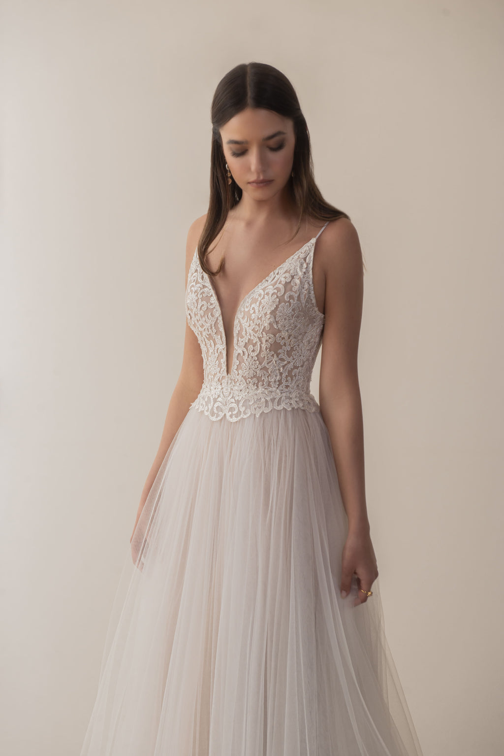 Boho lace wedding dress with spaghetti straps and soft tulle skirt