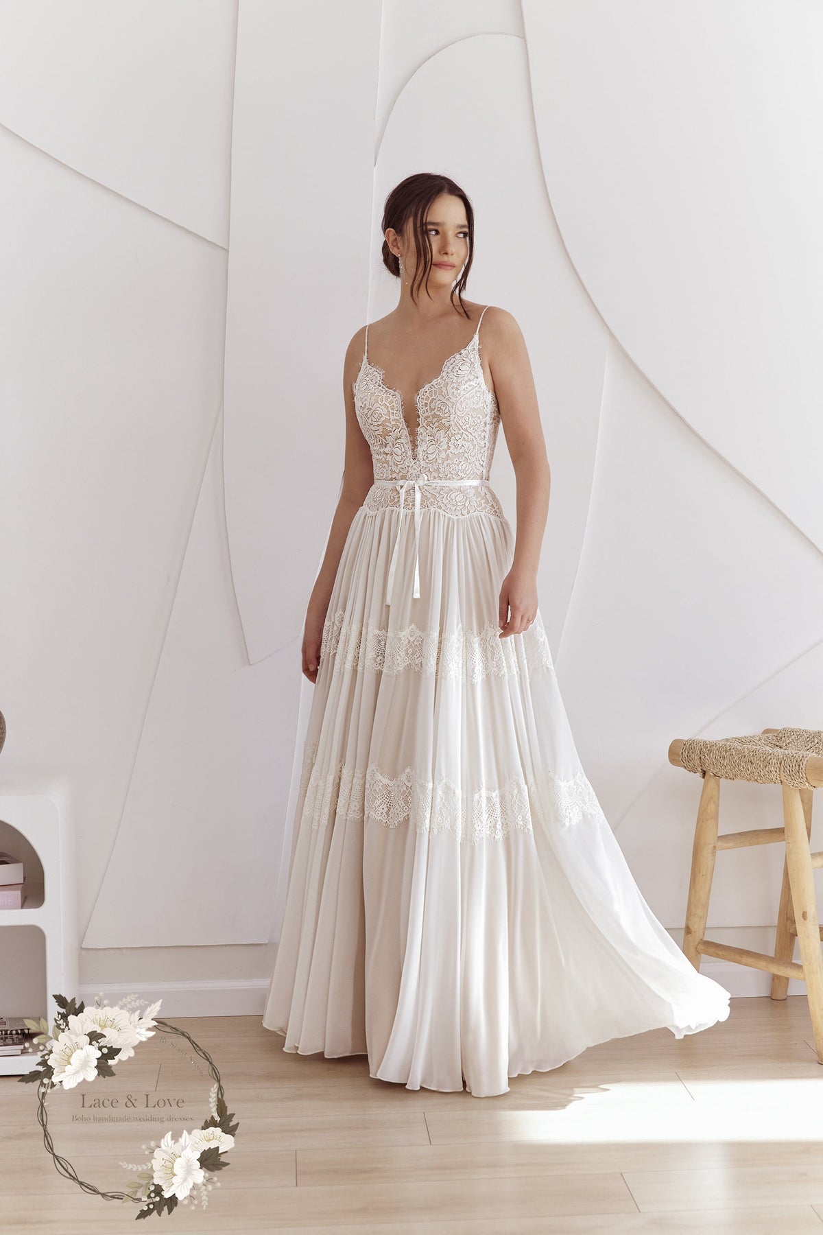 Lila Gown, Lace & Chiffon Boho Wedding Dress, Made to Measure, full-length view