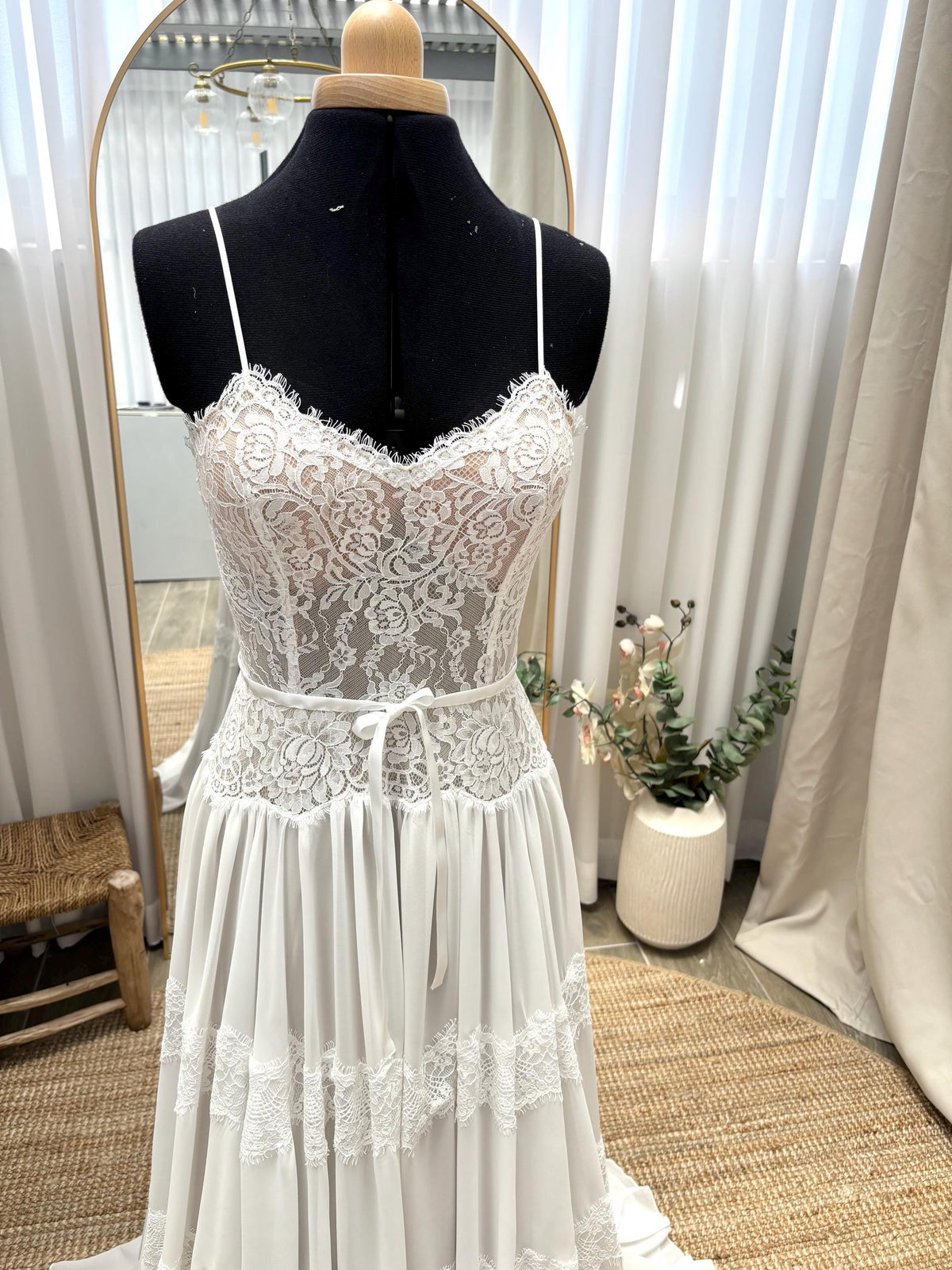 Luna Gown, Sweetheart Lace & Tulle Boho Wedding Dress, Made to Measure, bodice detail on a dress form