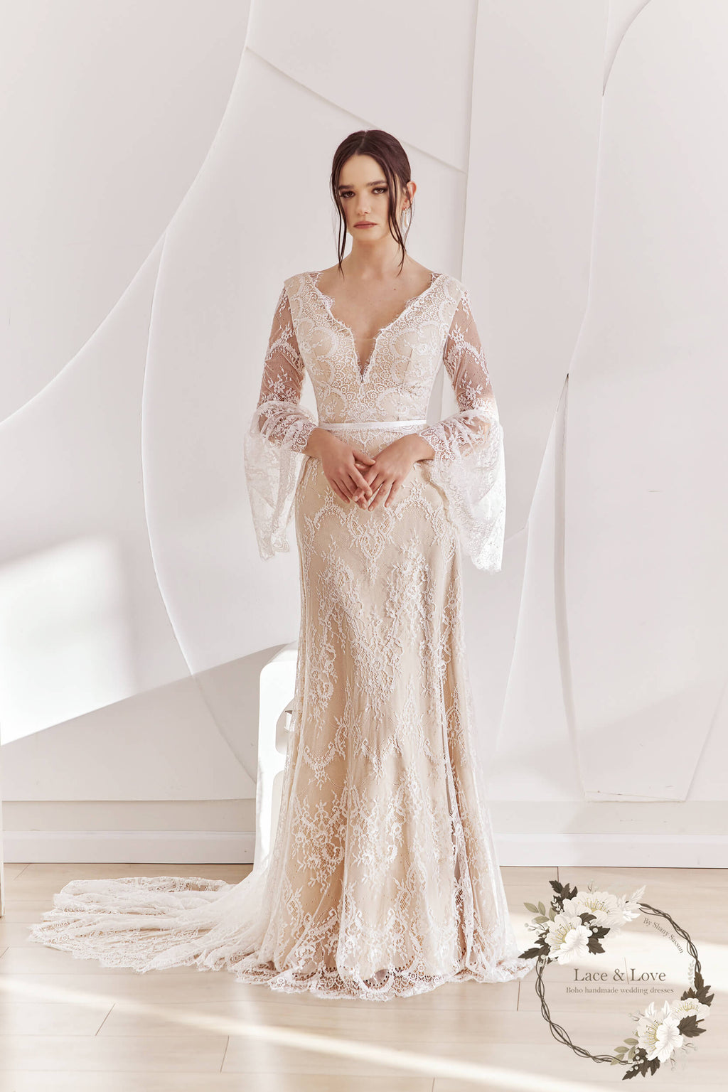 Ophelia Gown, long sleeve lace boho wedding dress by Lace & Love - view 2