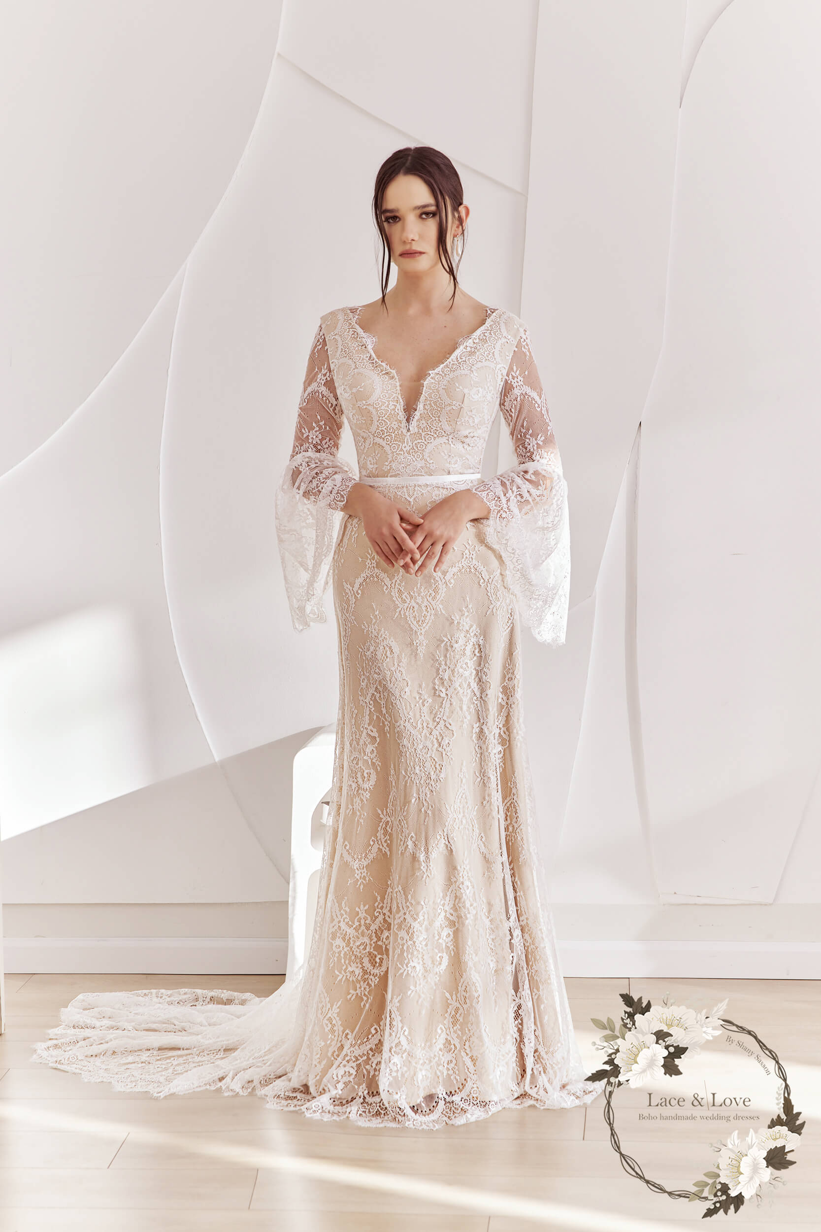 Ophelia Gown, long sleeve lace boho wedding dress by Lace & Love - view 2