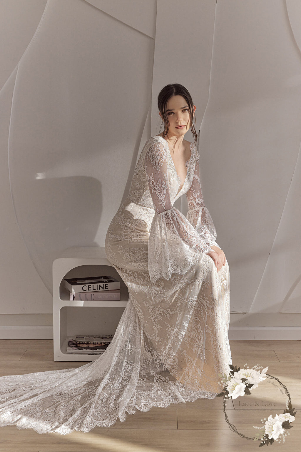 Ophelia Gown, long sleeve lace boho wedding dress by Lace & Love - view 3
