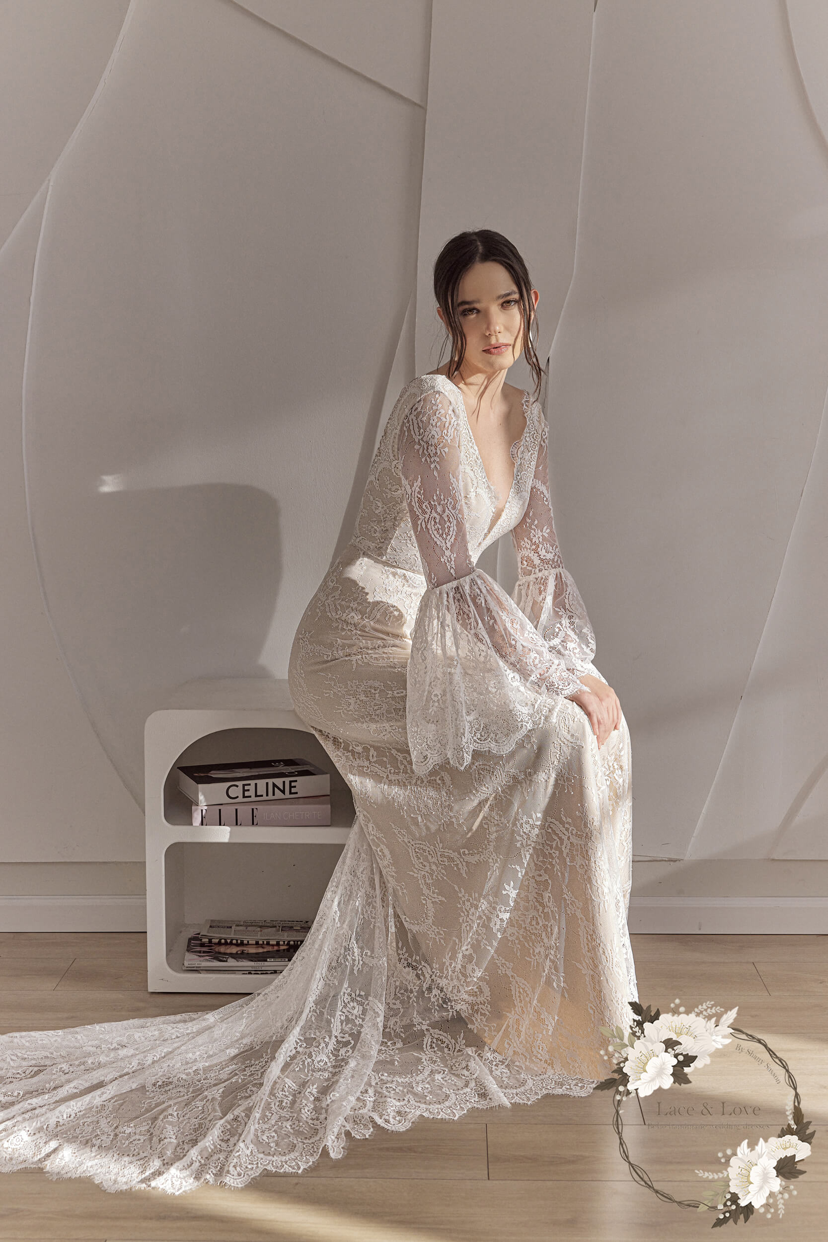 Ophelia Gown, long sleeve lace boho wedding dress by Lace & Love - view 3