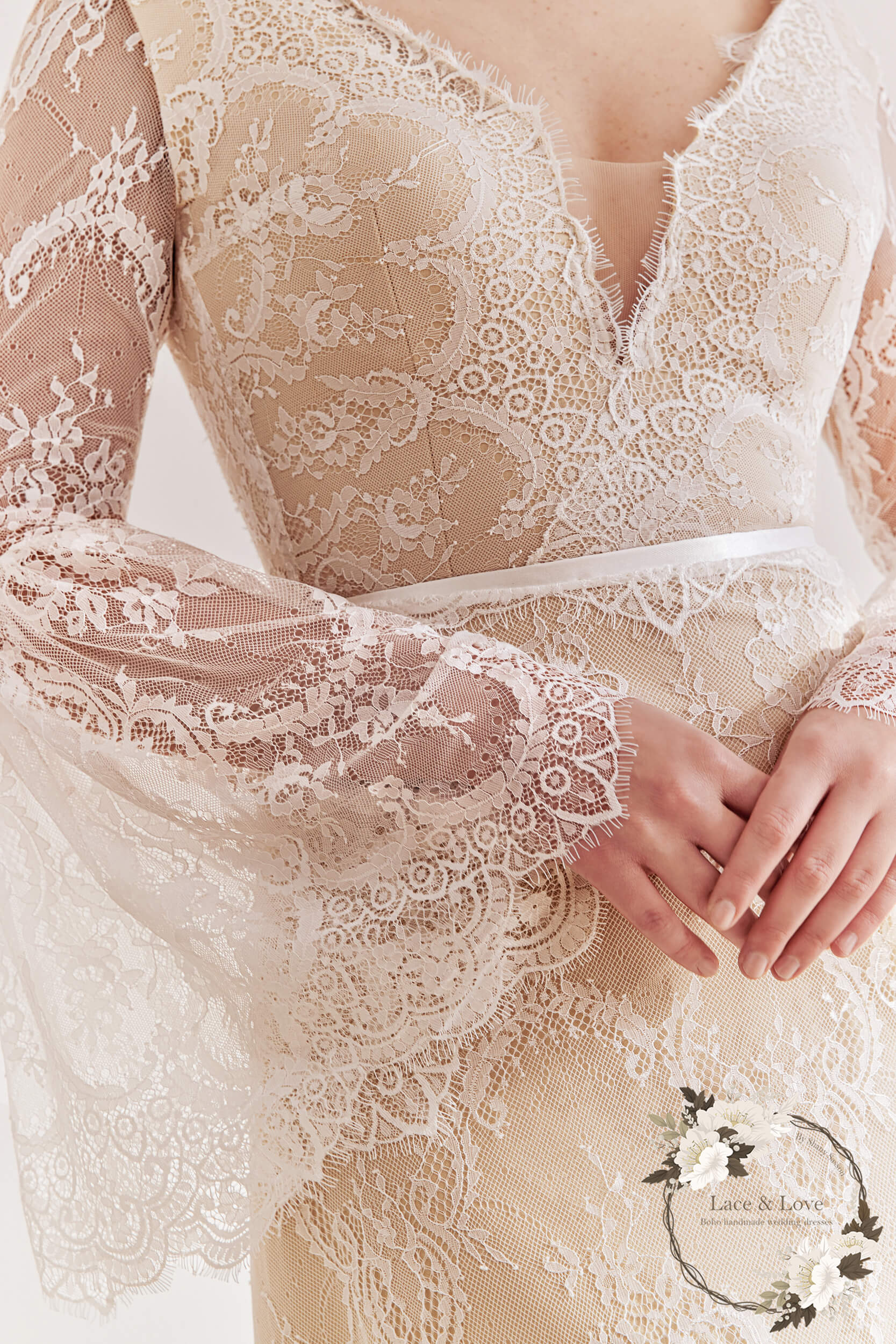 Ophelia Gown, long sleeve lace boho wedding dress by Lace & Love - view 5