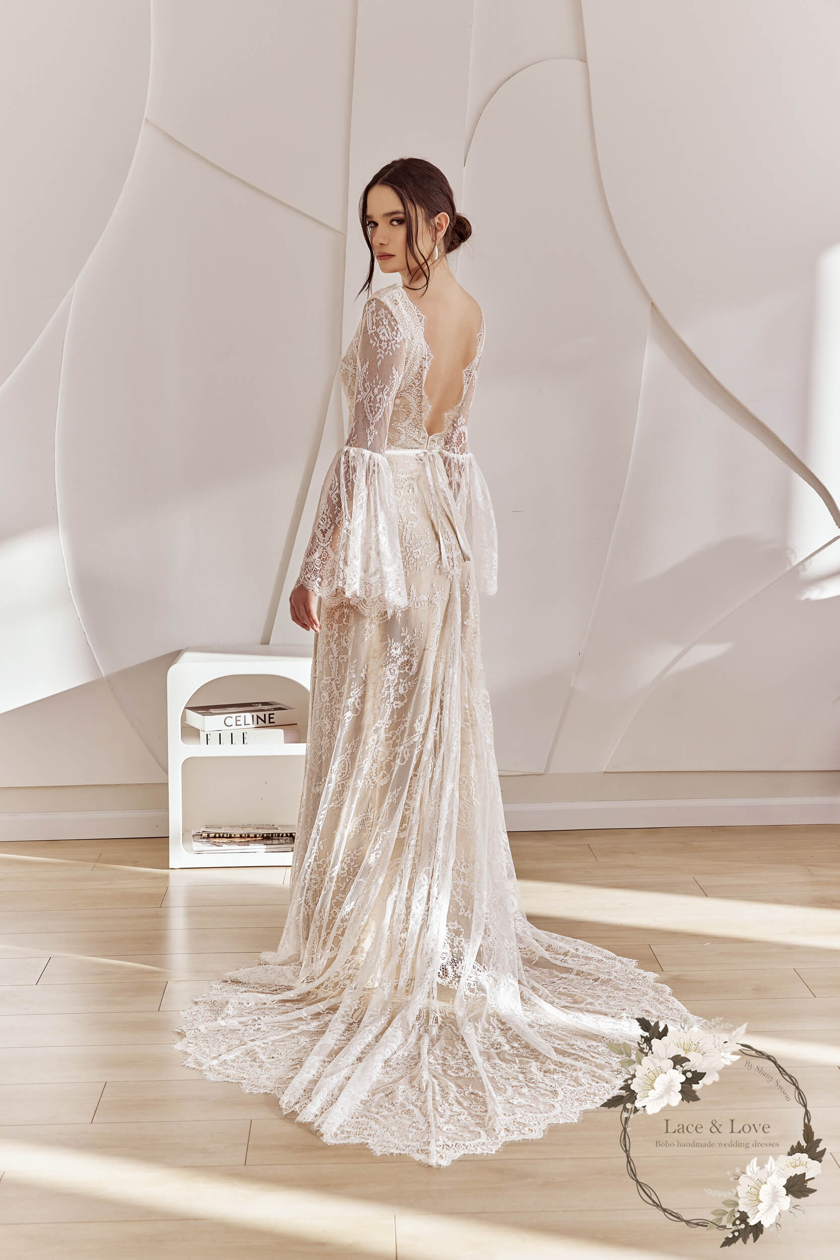Ophelia Gown, Long Sleeve French Lace Boho Wedding Dress, Made to Measure | Lace & Love by Shany Sasson