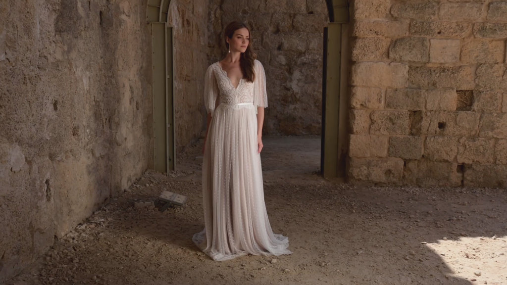 Designer boho wedding dress by Shany Sasson, handmade made-to-measure lace bridal gown