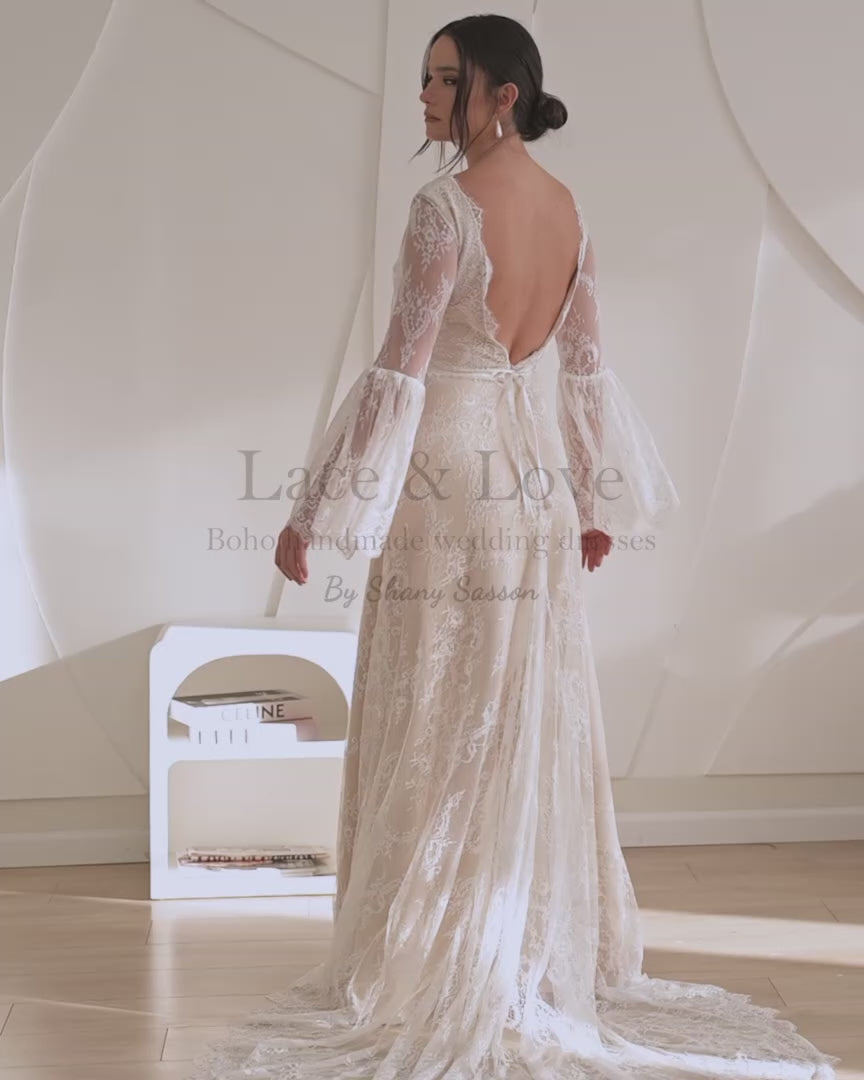 Deep V-neck lace boho wedding dress, made-to-measure handmade by Shany Sasson
