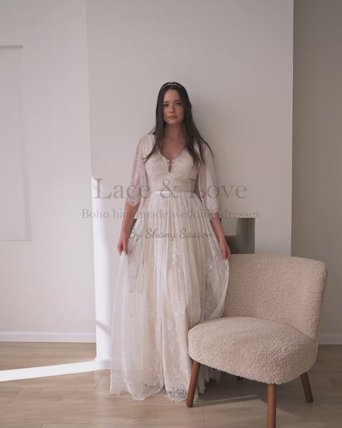 Romantic boho wedding dress in soft tulle, handmade made-to-measure by Shany Sasson