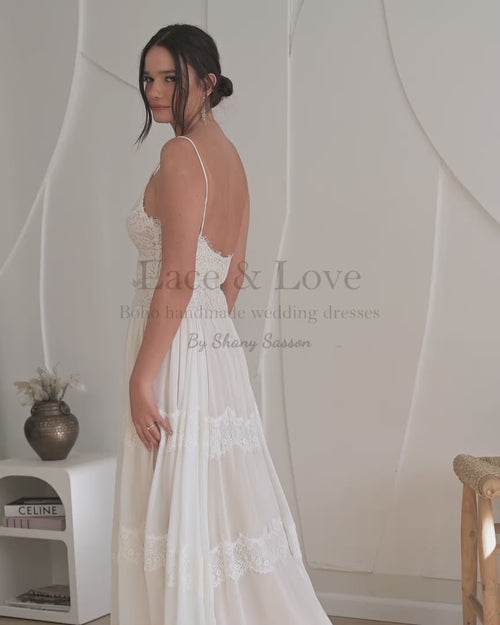 Close-up of a spaghetti-strap boho bridal gown by Shany Sasson, Lace & Love