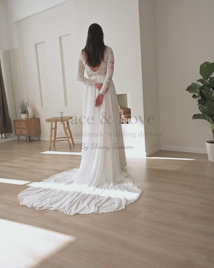 Front view of a long-sleeve boho wedding dress, handmade by Shany Sasson