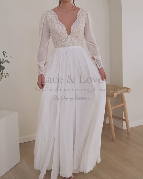 Long-sleeve lace boho bridal gown, made-to-measure handmade by Shany Sasson | Lace & Love