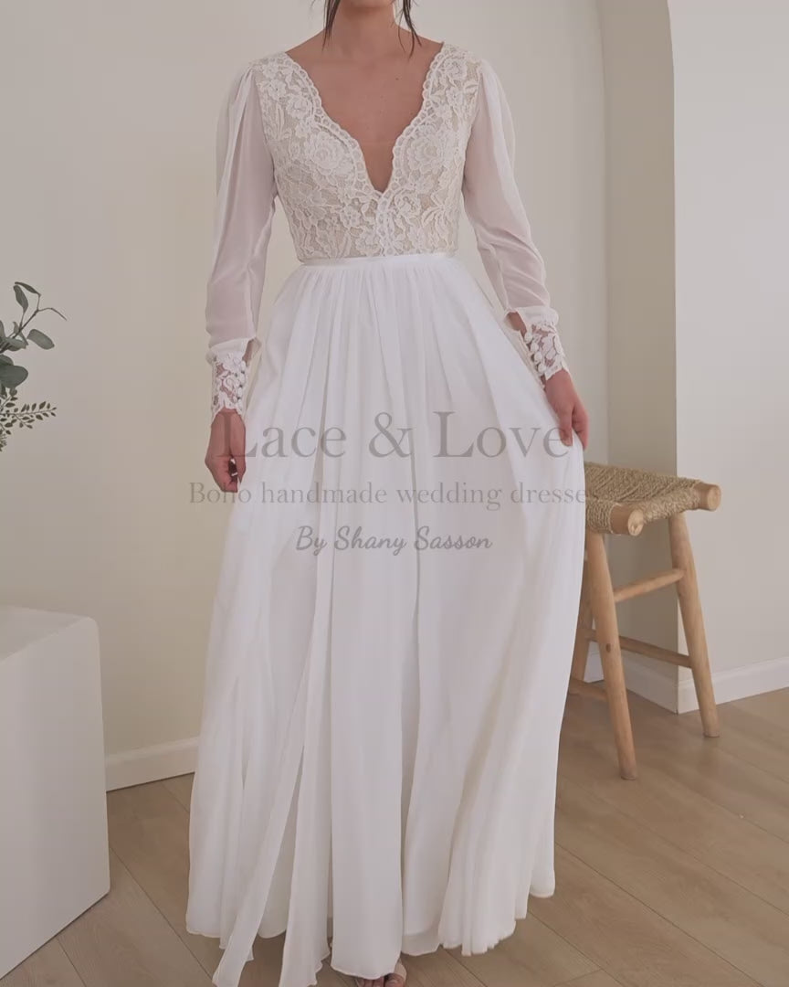 Long-sleeve lace boho bridal gown, made-to-measure handmade by Shany Sasson | Lace & Love