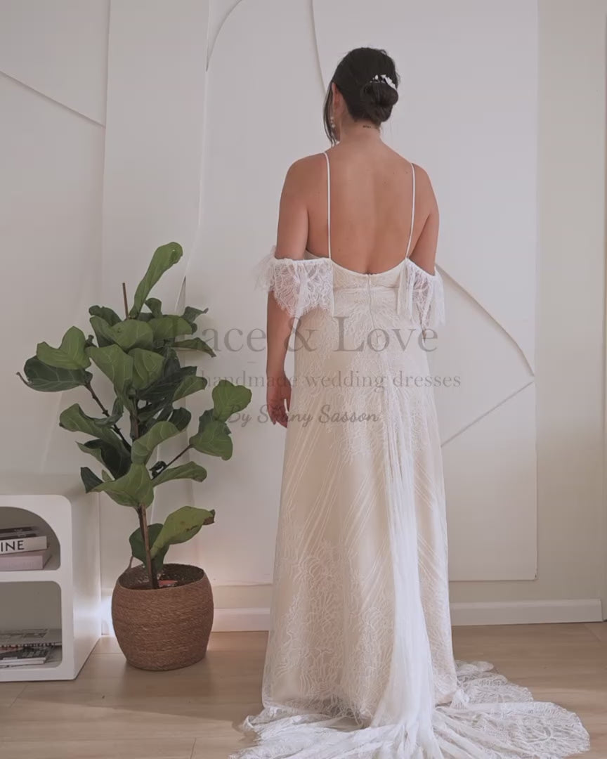 Sheer-sleeve boho wedding dress fitting, made-to-measure by Shany Sasson | Lace & Love