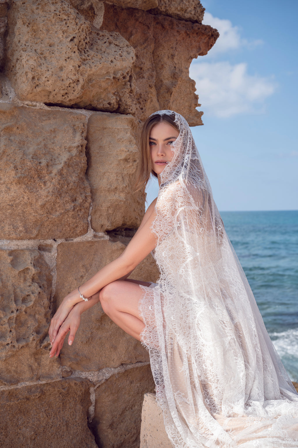 Romantic French lace wedding veil, floral boho style by Lace & Love - view 2