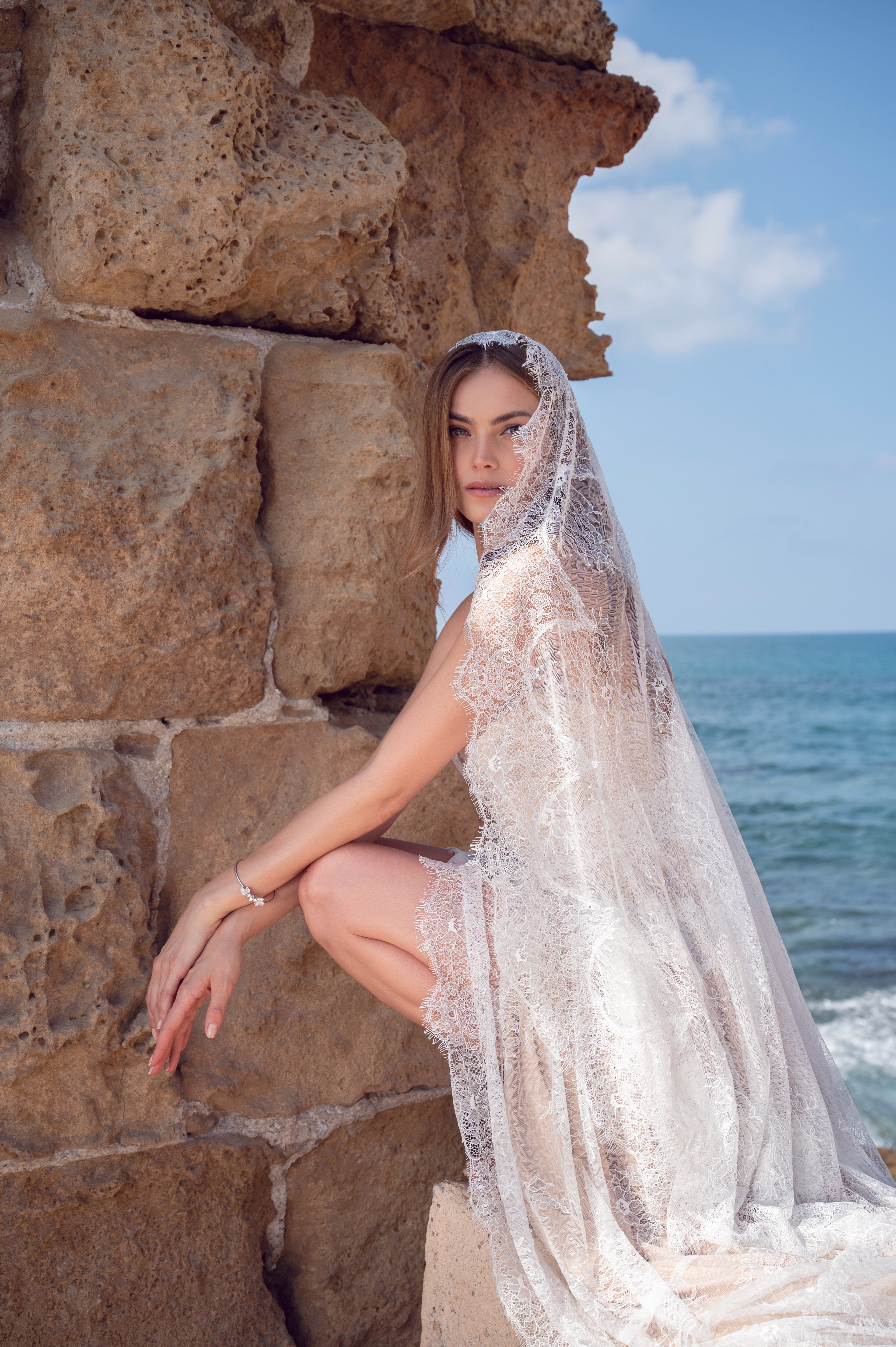 Romantic French lace wedding veil, floral boho style by Lace & Love - view 2
