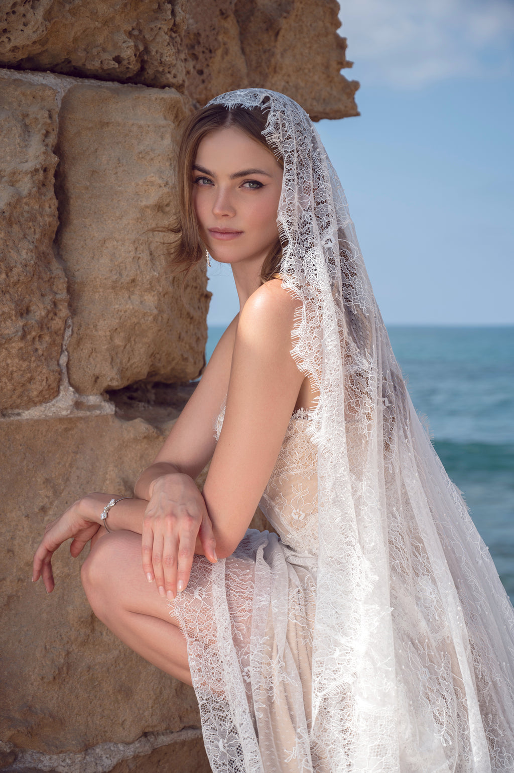 Romantic French lace wedding veil, floral boho style by Lace & Love - view 3