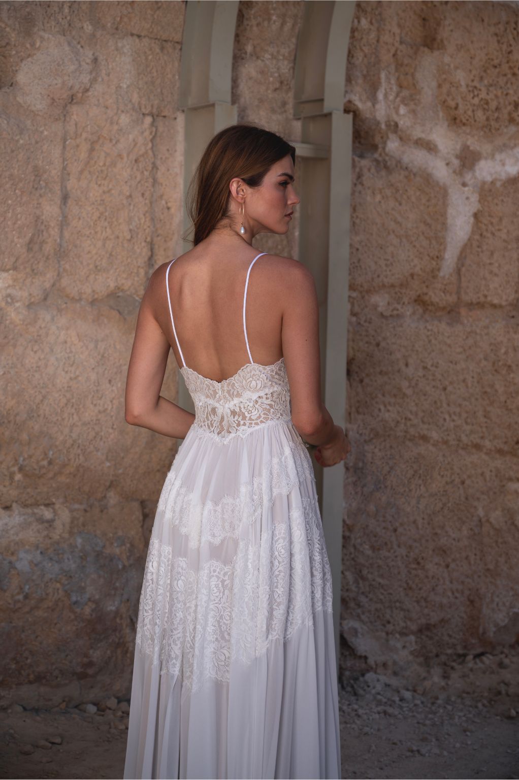 Selene Gown - side view, flowing bohemian lace wedding dress by Lace & Love