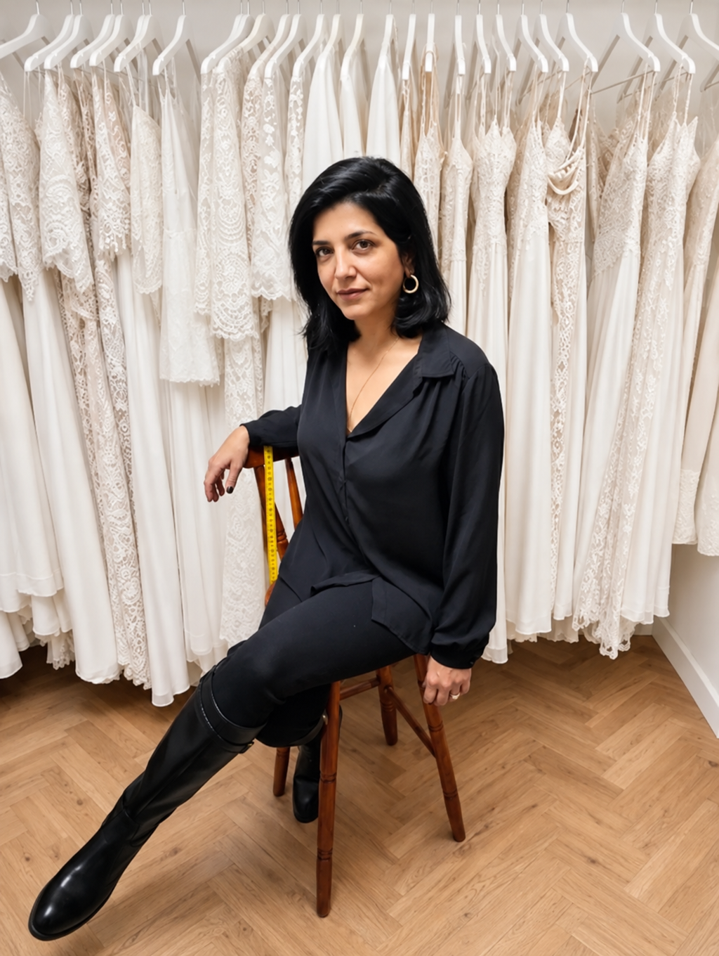 Shany Sasson seated in her Lace & Love bridal studio with a measuring tape and lace wedding dresses