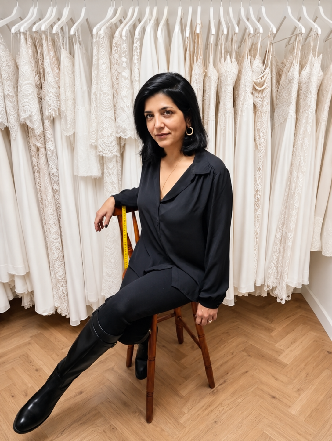 Shany Sasson, bridal designer, in her Lace & Love studio near Tel Aviv with a tape measure and her handmade lace wedding dresses