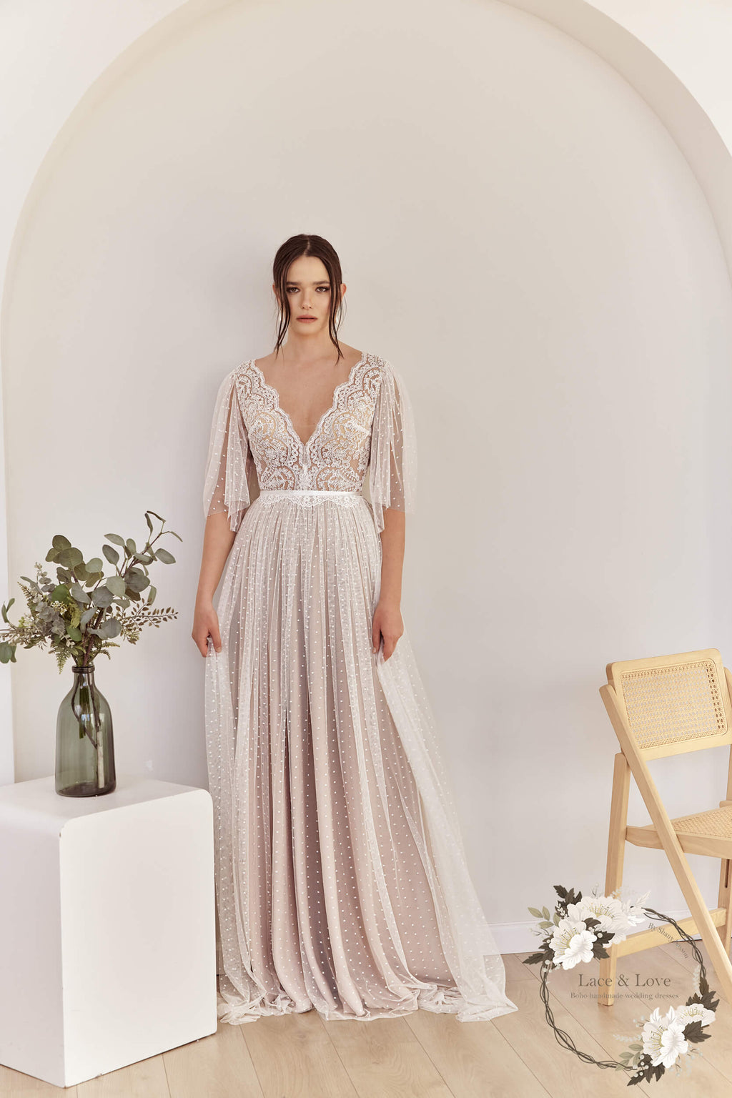 Short sleeve boho French lace wedding dress by Lace & Love - view 2