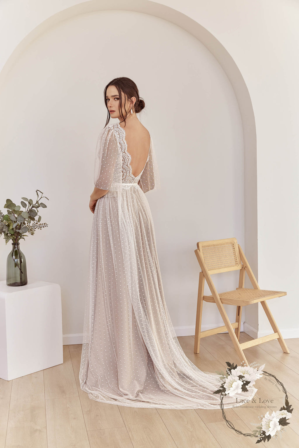 Short sleeve boho French lace wedding dress by Lace & Love - view 3