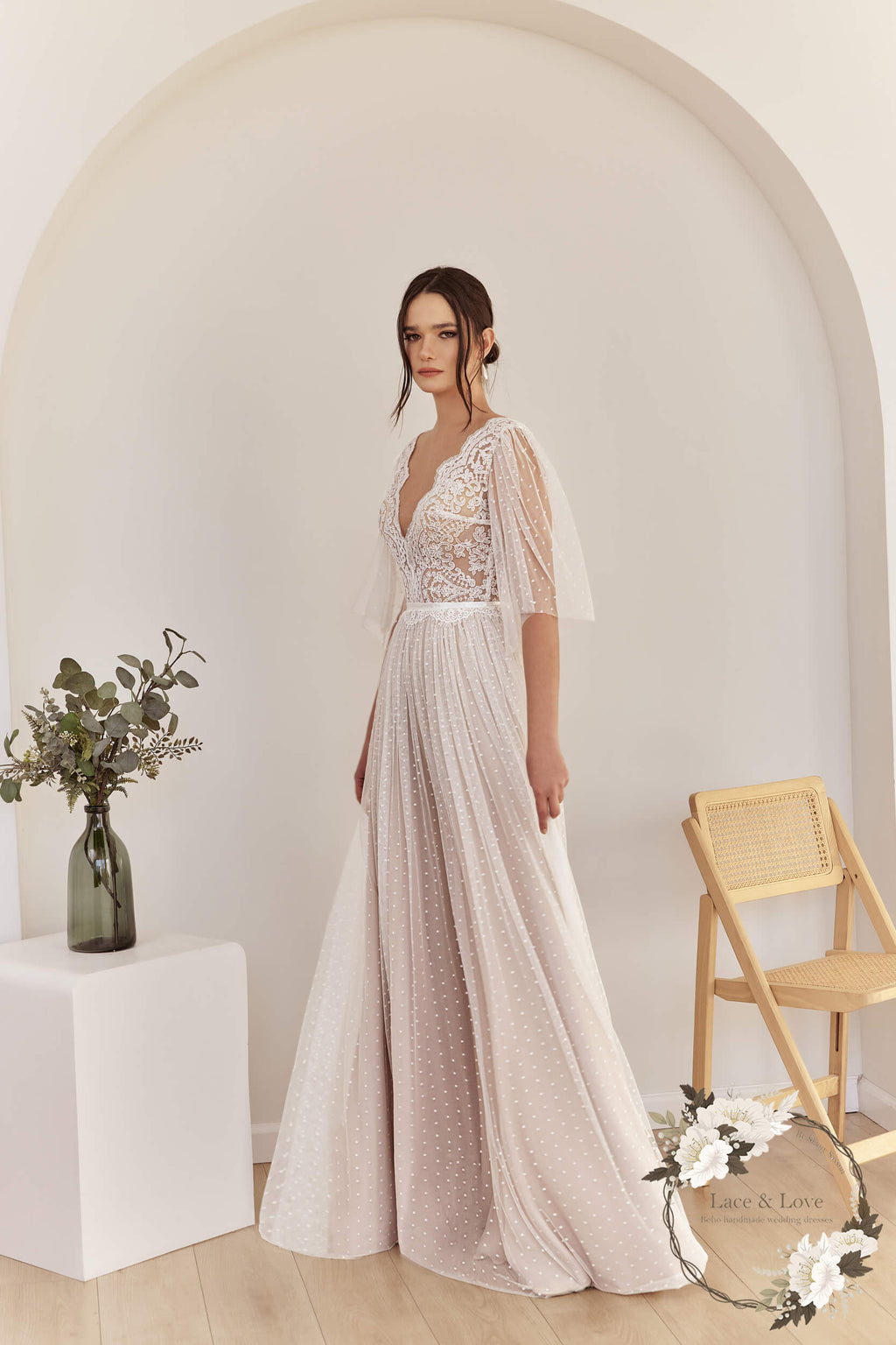 Short sleeve boho French lace wedding dress by Lace & Love - view 4