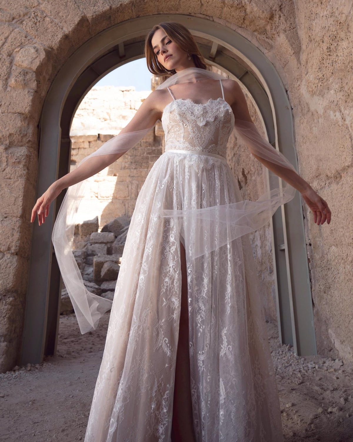 Soft Tulle Wedding Shawl, full-length view