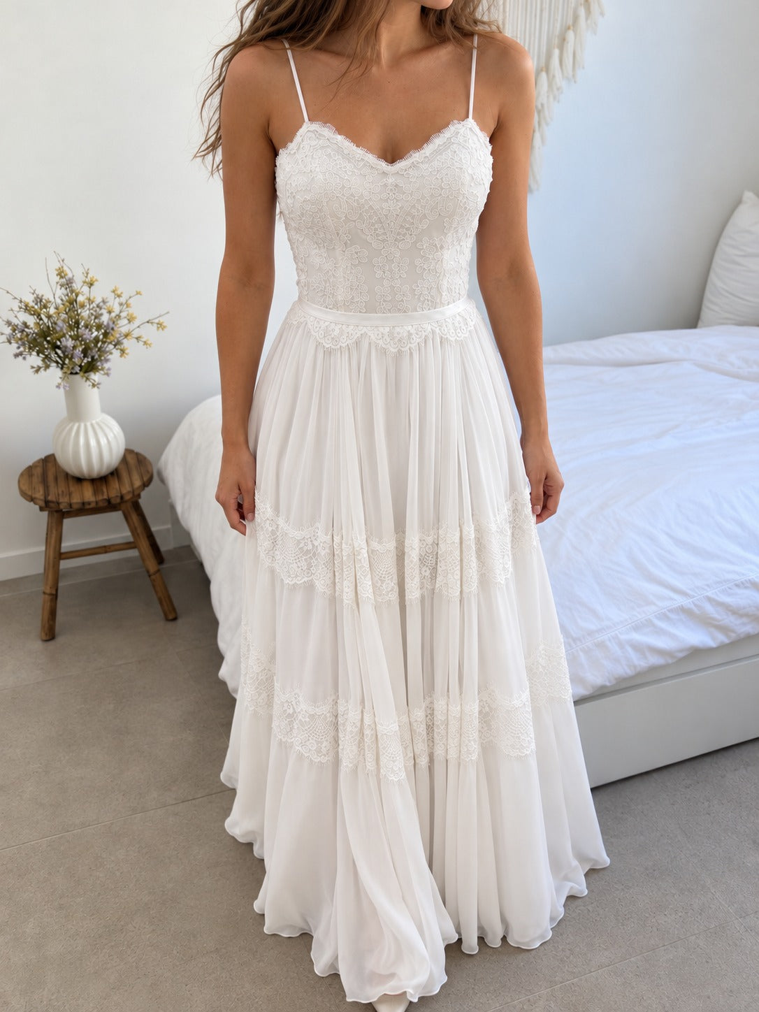 Sophie Gown, sweetheart boho lace and chiffon wedding dress, front view with spaghetti straps and lace bands on the chiffon skirt
