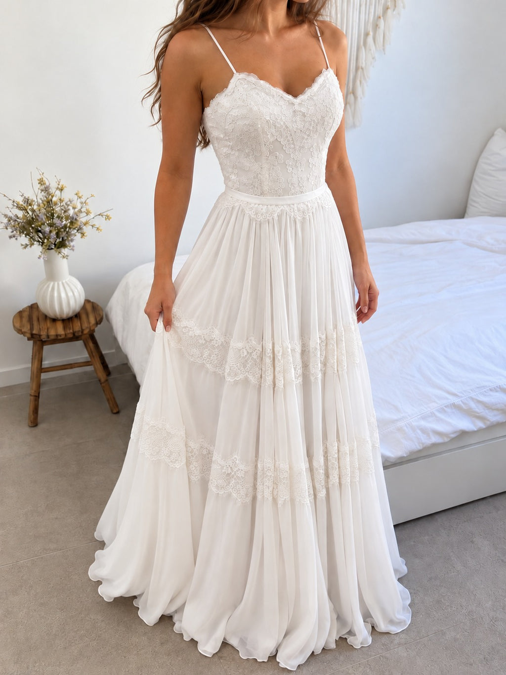 Sophie Gown, sweetheart lace bodice and tiered lace and chiffon skirt, three-quarter view