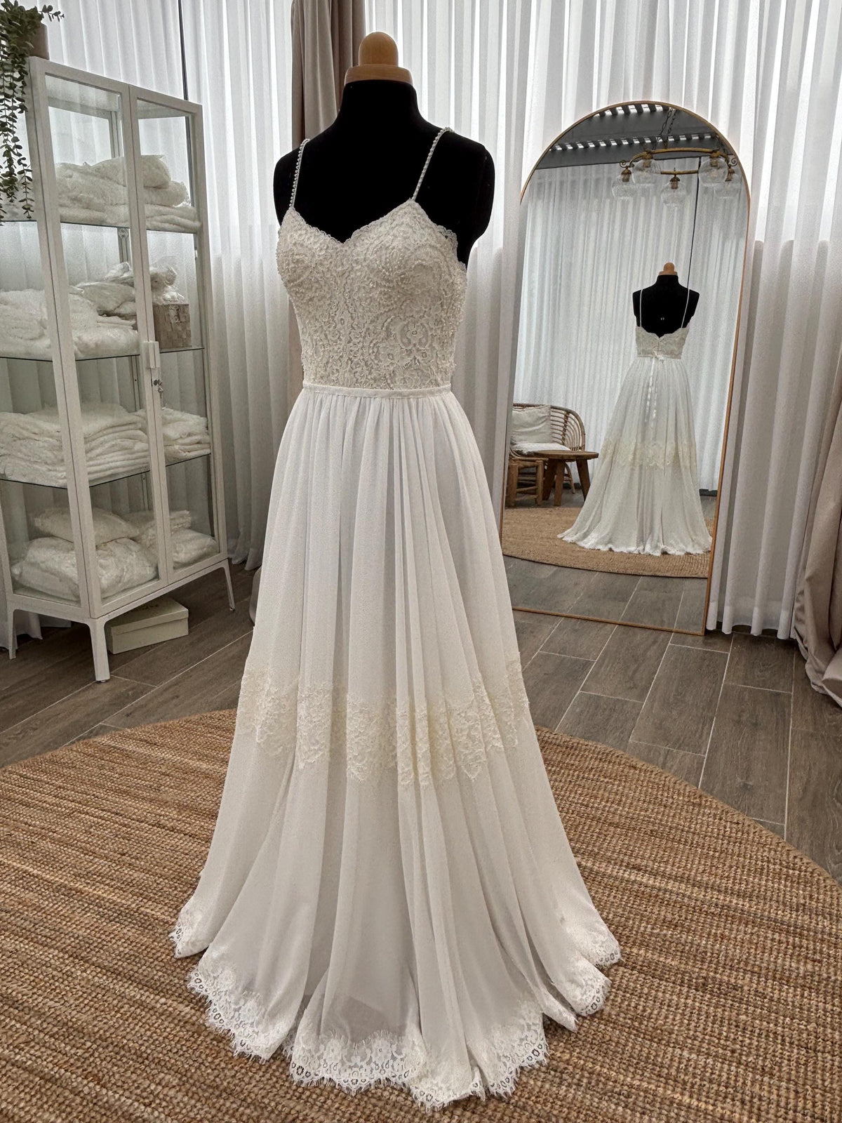 Stella Gown, Lace & Chiffon Boho Wedding Dress, Made to Measure, front view on a dress form