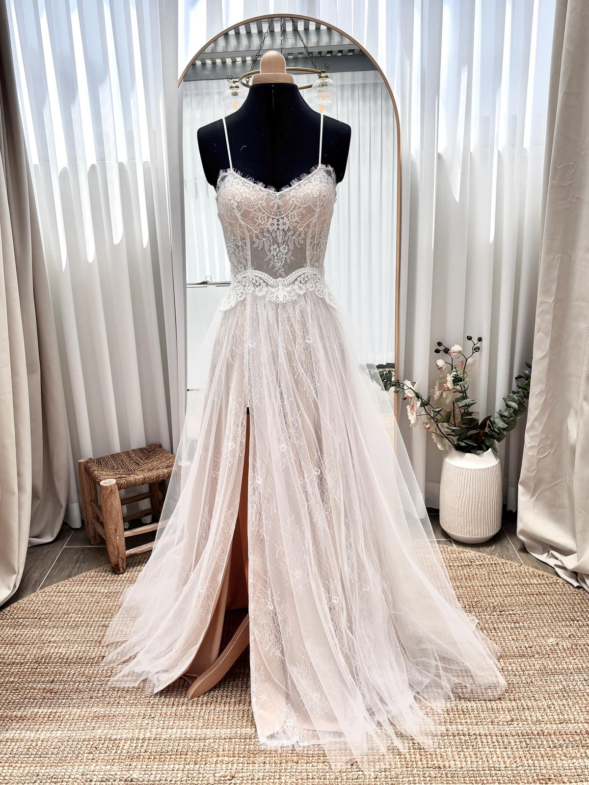 Vera Gown, Sweetheart Lace & Tulle Boho Wedding Dress with High Slit, Made to Measure, front view on a dress form